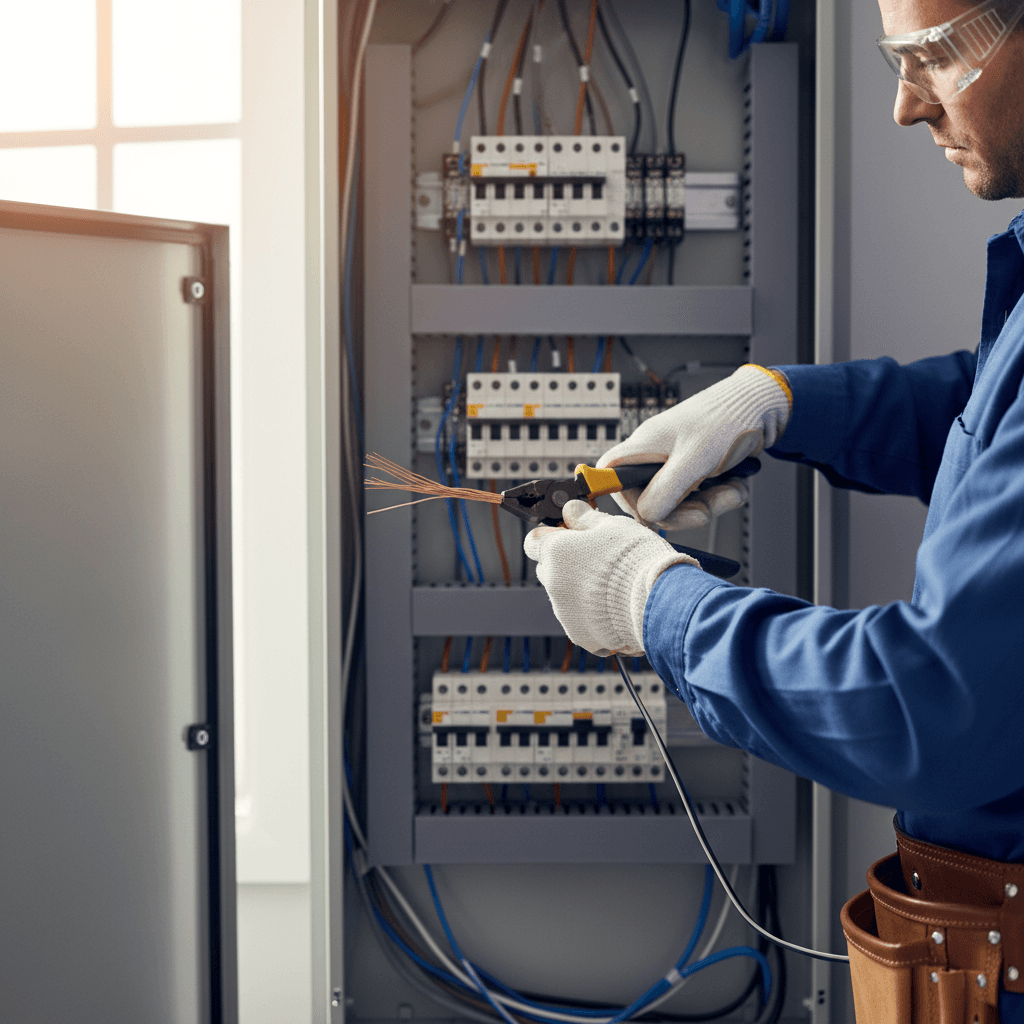 Licensed electrician performing electrical installation work in a home