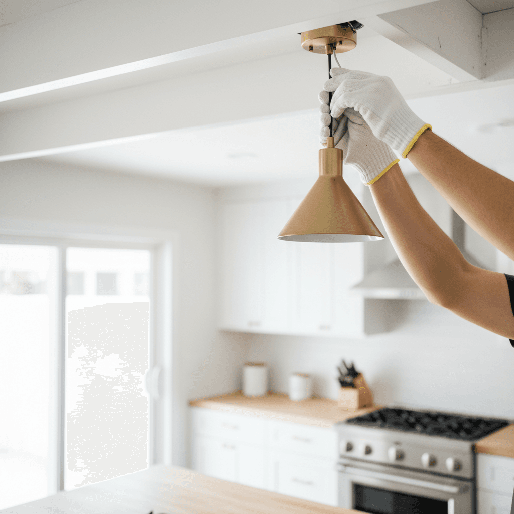 Electrician inspecting lighting installation in home