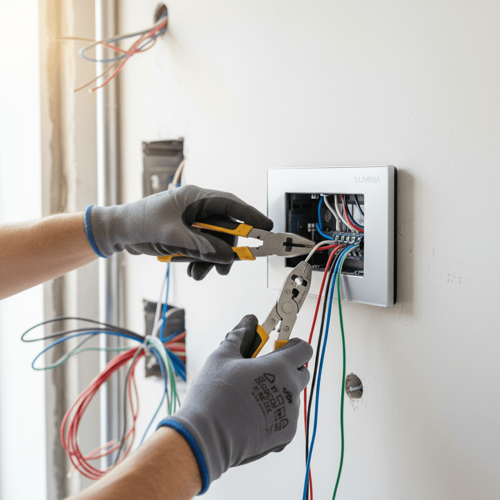 Professional electrician installing wiring in a modern residential home