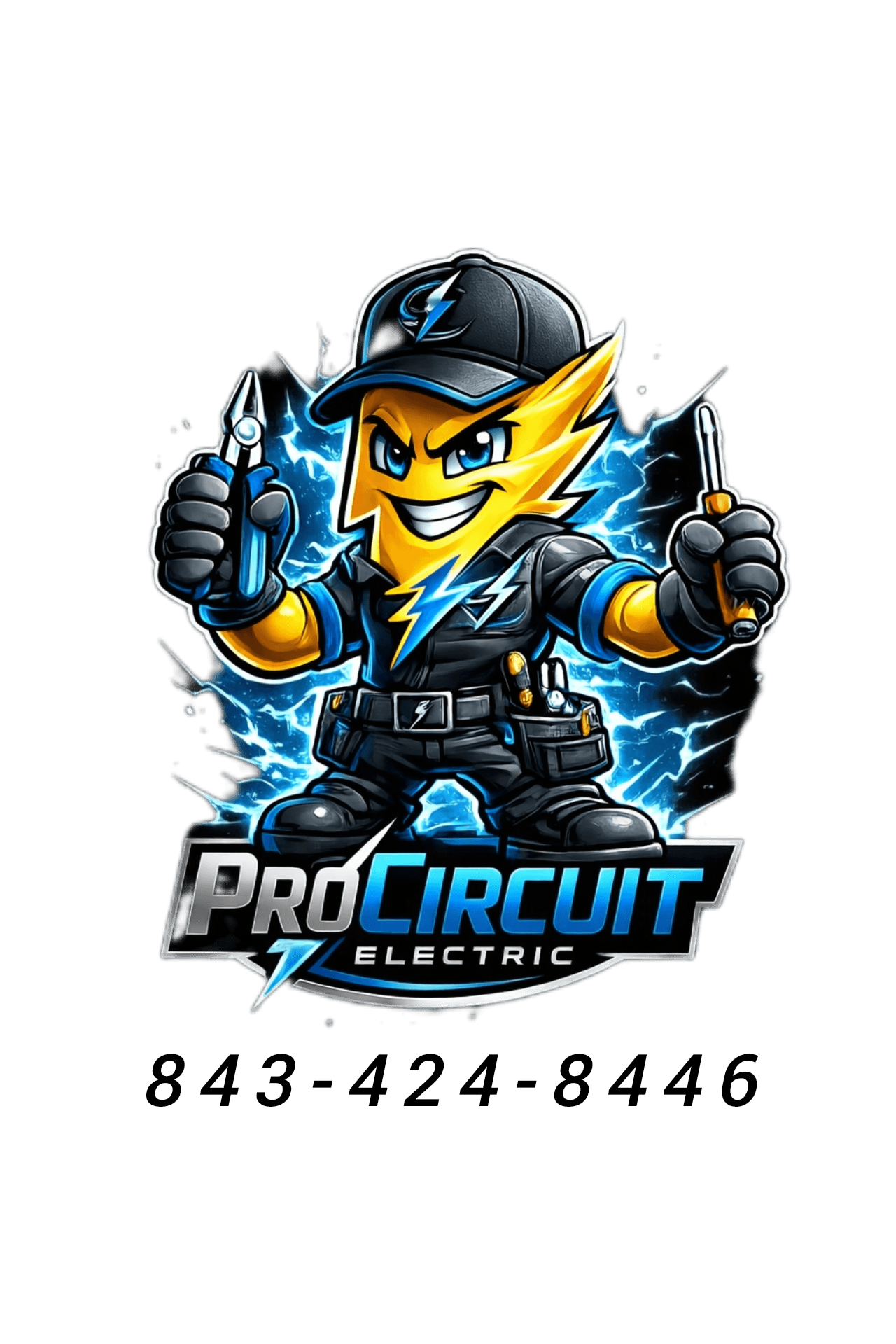 Yellow lightning bolt electrician mascot holding tools for ProCircuit Electric logo with blue sparks.