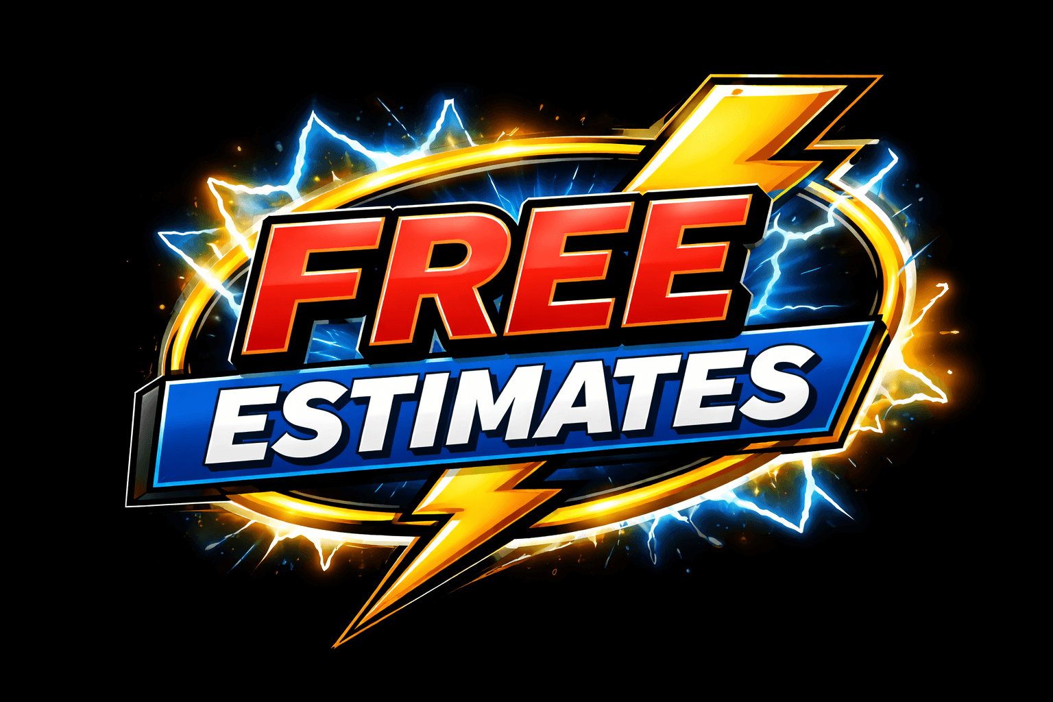 Dynamic FREE ESTIMATES graphic with yellow lightning bolts and blue electric sparks on black.