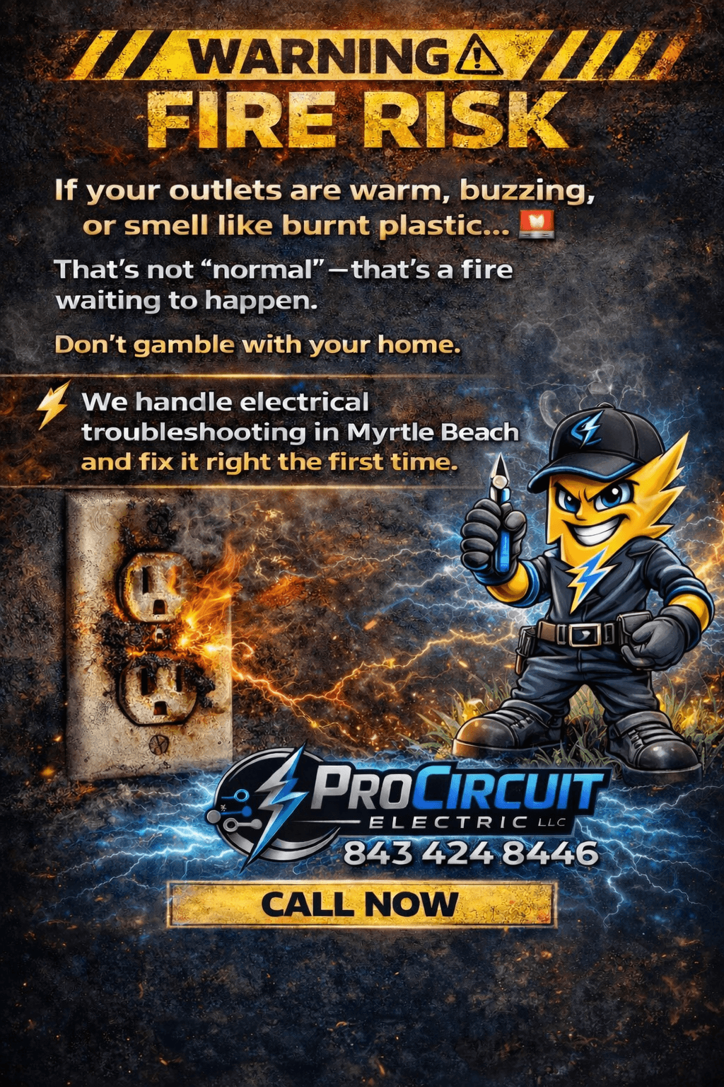 ProCircuit Electric warning ad featuring a burnt outlet and a cartoon lightning bolt mascot.