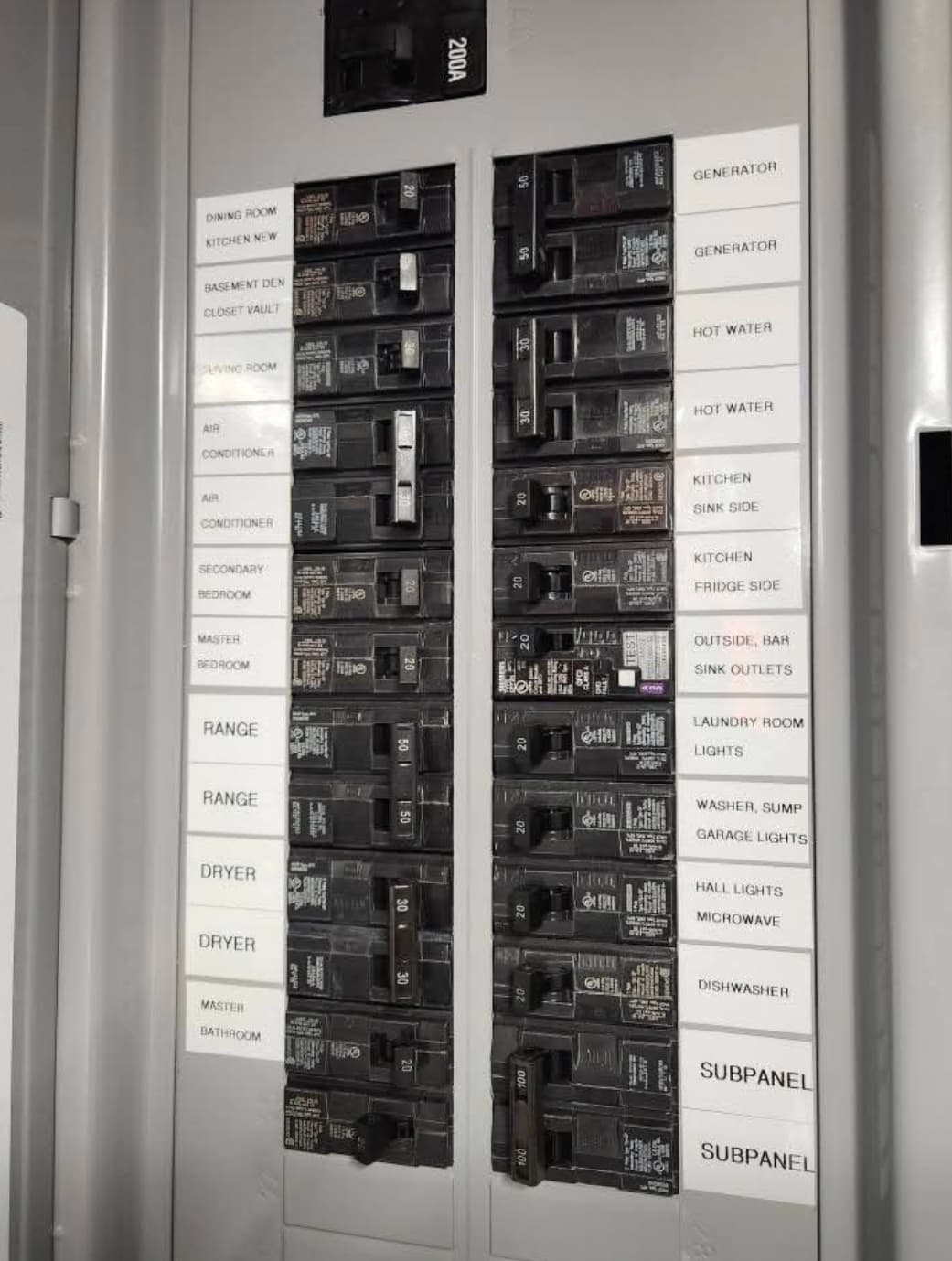Electrical breaker panel with two columns of switches and white labels identifying various household circuits.