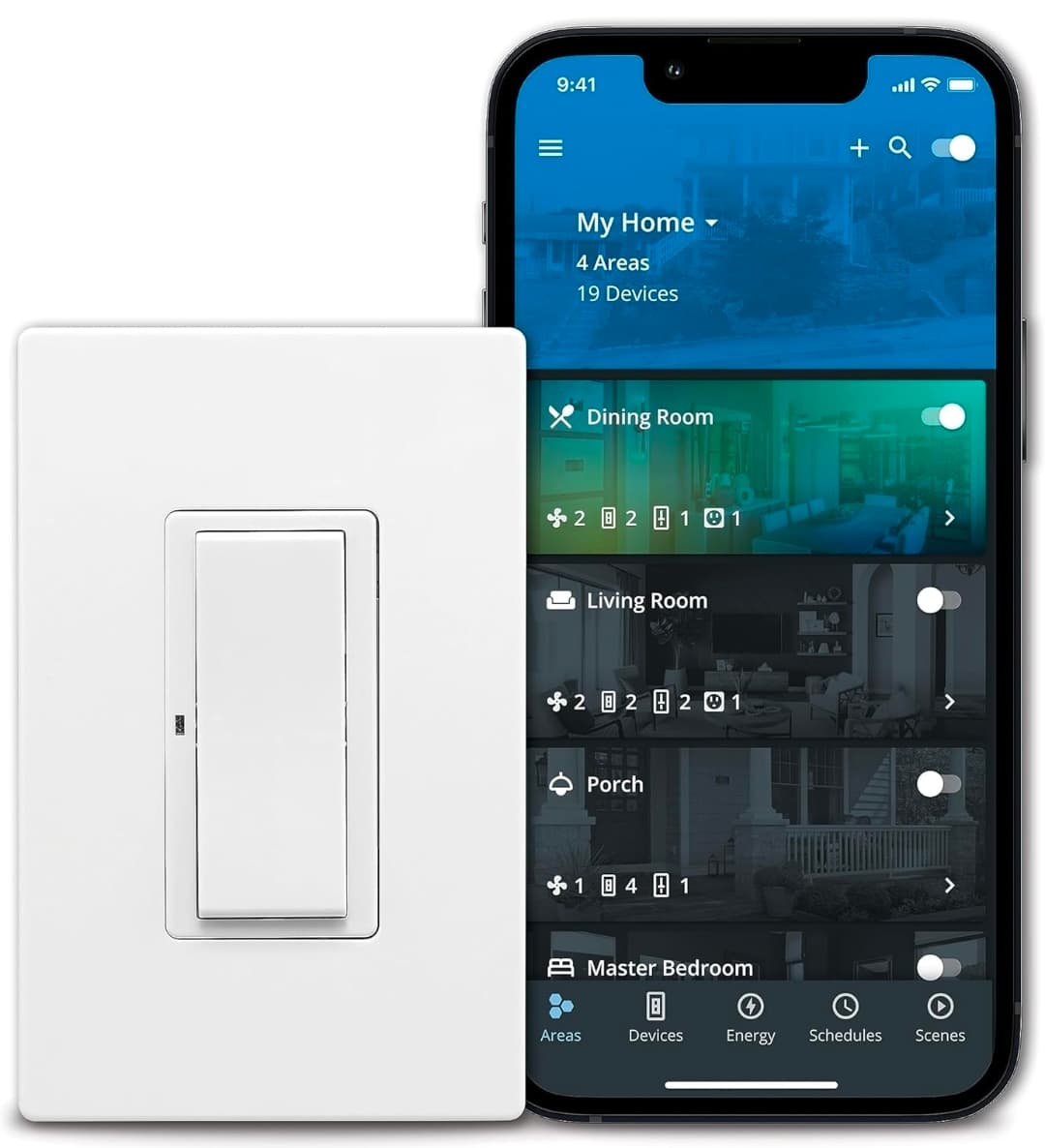 White smart light switch next to a smartphone displaying a home automation app for remote control.